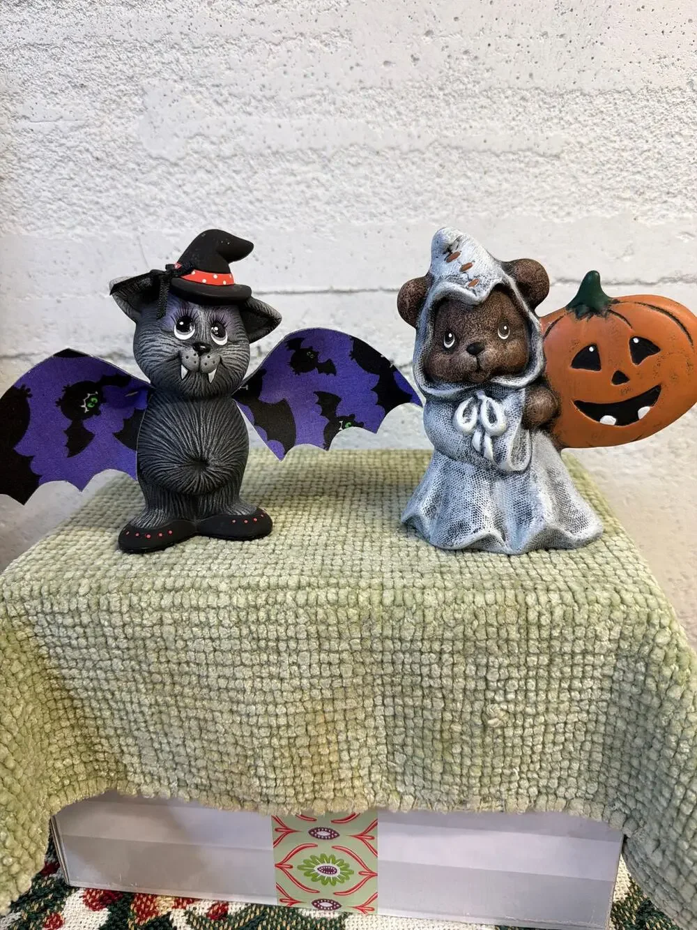 Hand Painted Halloween Ceramic Bat & Ghost Bear Figurines Set Pumpkin Cloth Wing